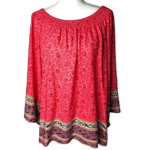 Bobeau Floral Paisley Print Flowy Bell Sleeve Peasant Blouse - Picture 1 of 6